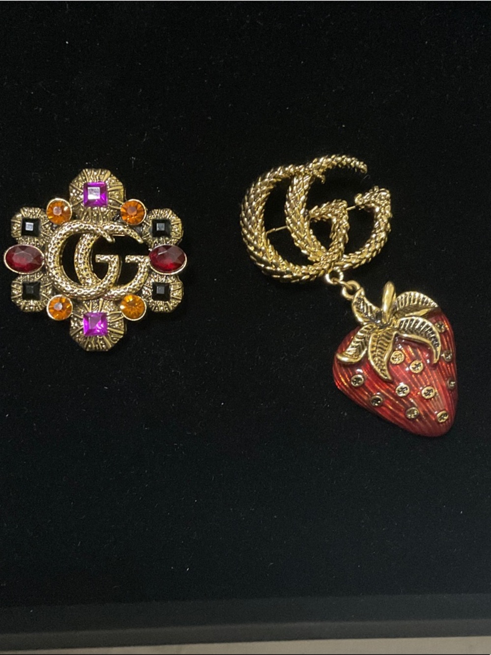Gucci Gold-Tone GG Crystal Brooch and Red Enamel Strawberry Charm
